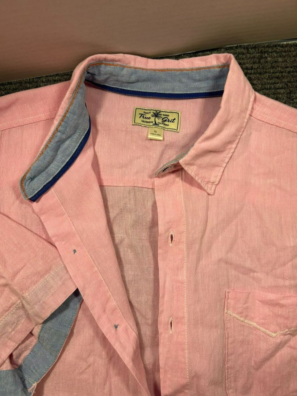 True Grit Mens Pink Button-Up Shirt Chest Pocket Contrast Trim Size XL Cotton/Li - Picture 4 of 7